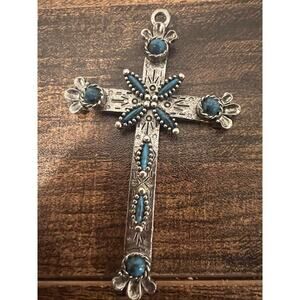 vintage cross pendant faux turquoise Marked Royal